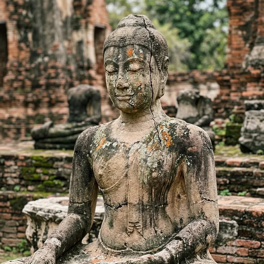 Ancient stone Buddha statue at Ayutthaya historical park showing the effects of time and history