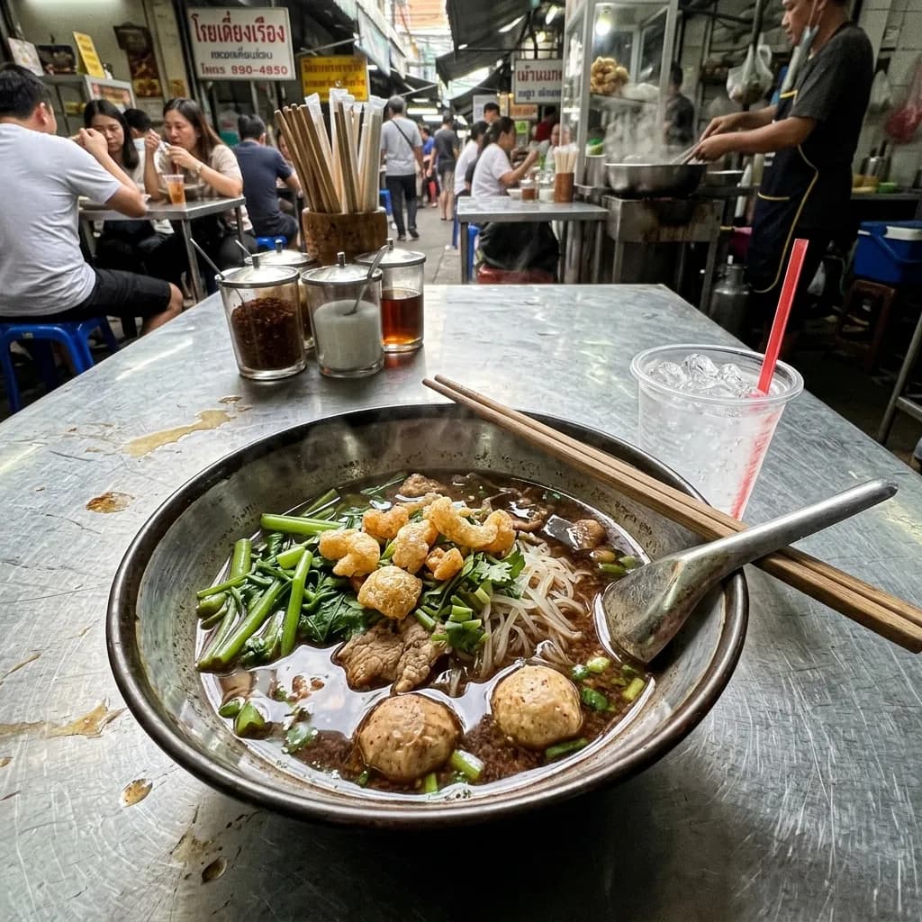 Authentic Thai boat noodles served at a Bangkok street food stall