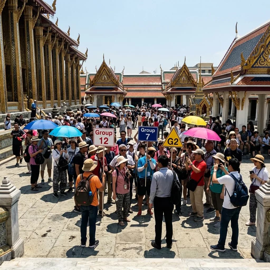 Large group tours crowding the Grand Palace courtyard in Bangkok