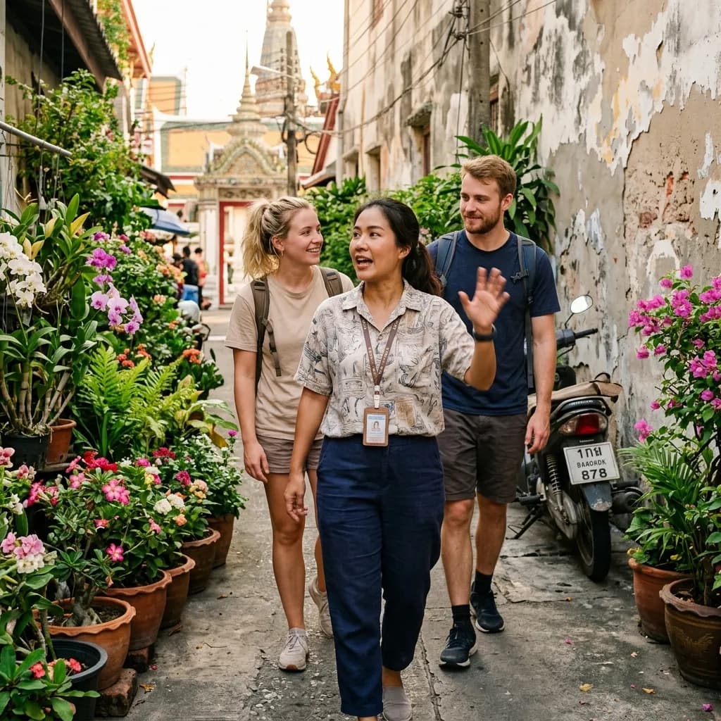 Private local guide showing travellers a hidden Bangkok temple alley