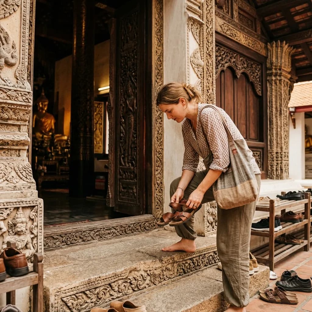 Traveller removing shoes before entering a Bangkok temple as required by Thai custom