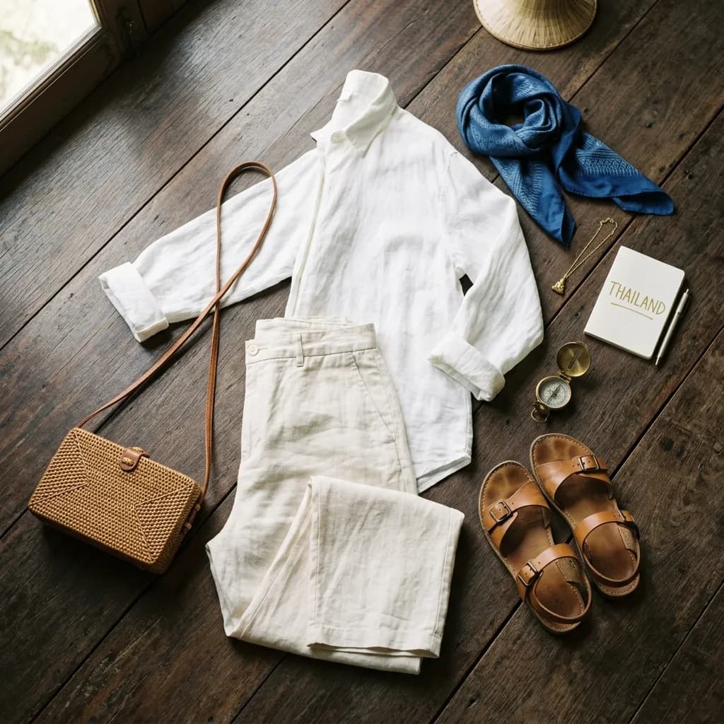 Appropriate outfit for visiting Bangkok temples — lightweight linen trousers and long-sleeved shirt