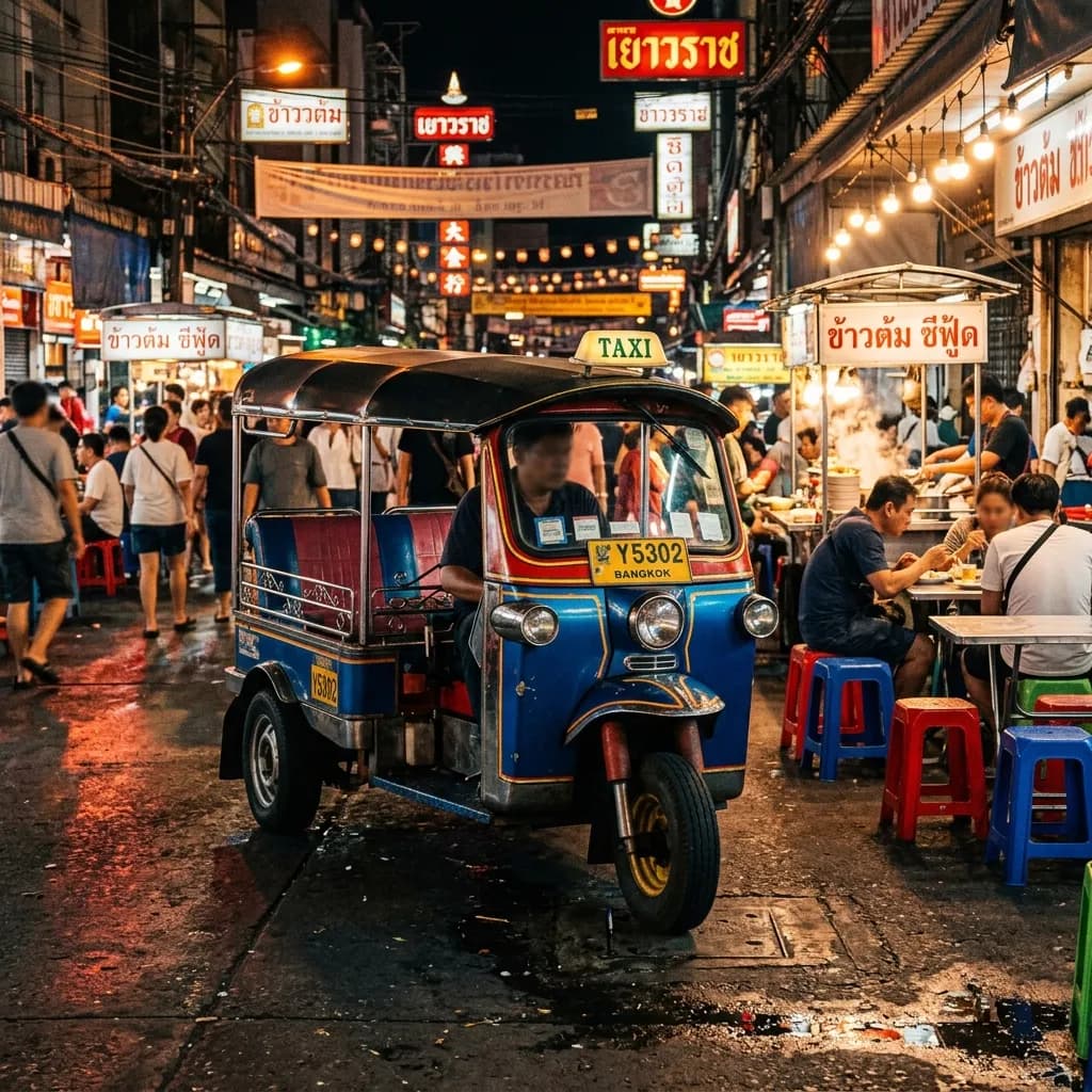 Red tuk-tuk driving through Bangkok's night street food market
