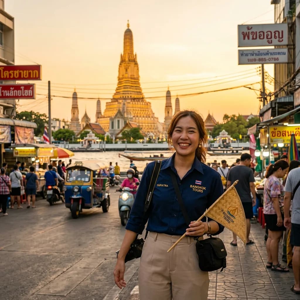 Smiling Bangkok tour guide in front of Wat Arun at sunset